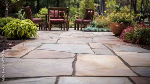 The surface of this weathered flagstone patio is reminiscent of a wellloved garden path, with a combination of smooth and rough stones in earthy hues. photo