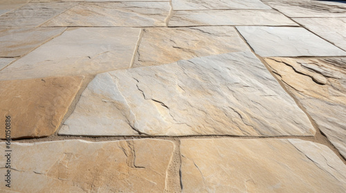 Closeup of a flagstone patio reveals a similar color palette to that of a sandy beach, with gentle undulations and a mixture of light and dark tones.