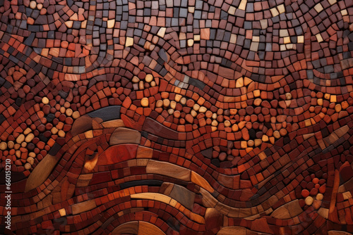 Closeup of Mosaic Woods This wood has small  intricate patches and swirls  resembling a mosaic. The colors range from warm browns to deep reds.