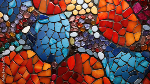 Closeup of Colorful Mosaic Ceramic Artwork This stunning piece of mosaic ceramic artwork is bursting with color and texture. The tiles, ranging in size and shape, are tightly fitted together,