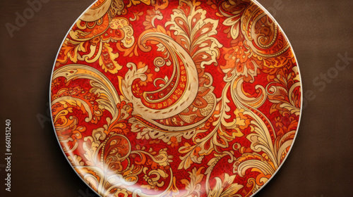 Texture of fritware with a traditional Persianinspired design, showcasing intricate floral and paisley patterns in warm tones of red, orange, and yellow. The texture is smooth and glossy, photo