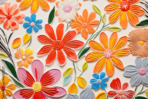 Wallpaper Mural Closeup of vibrant sgraffito flowers on a glossy, white clay. The sharp contrast between the bright florals and smooth surface creates a cheerful and eyecatching texture. Torontodigital.ca