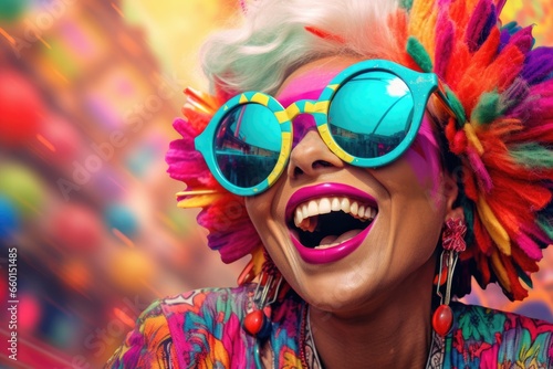 A woman with vibrant  colorful hair and stylish sunglasses laughing joyfully. This image can be used to depict happiness  confidence  and individuality.