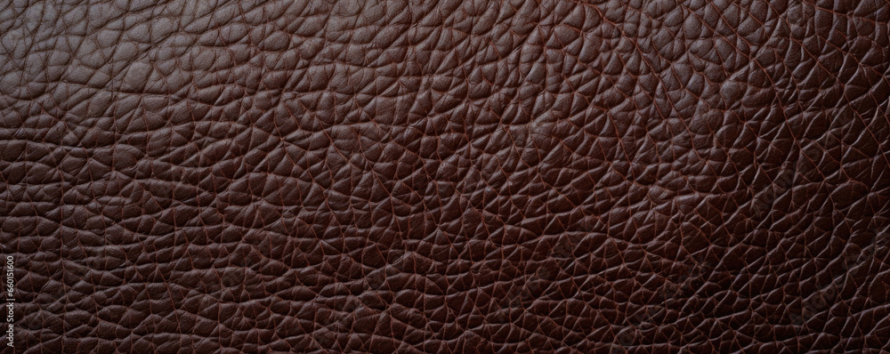 Closeup of a deep chocolate brown Harness Leather texture, highlighting a sy and rugged look. The leather has a prominent grain pattern and visible imperfections. Closeup of a deep chocolate brown Harness Leather texture, highlighting a sy and rugged look. The leather has a prominent grain pattern and visible imperfections.