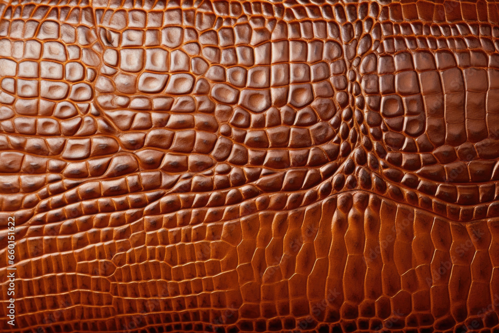 Texture of crocodile skin leather in a warm, golden brown hue with a glossy finish. The scales are raised and prominent, adding depth and texture to the leathers appearance. Texture of crocodile skin leather in a warm, golden brown hue with a glossy finish. The scales are raised and prominent, adding depth and texture to the leathers appearance.