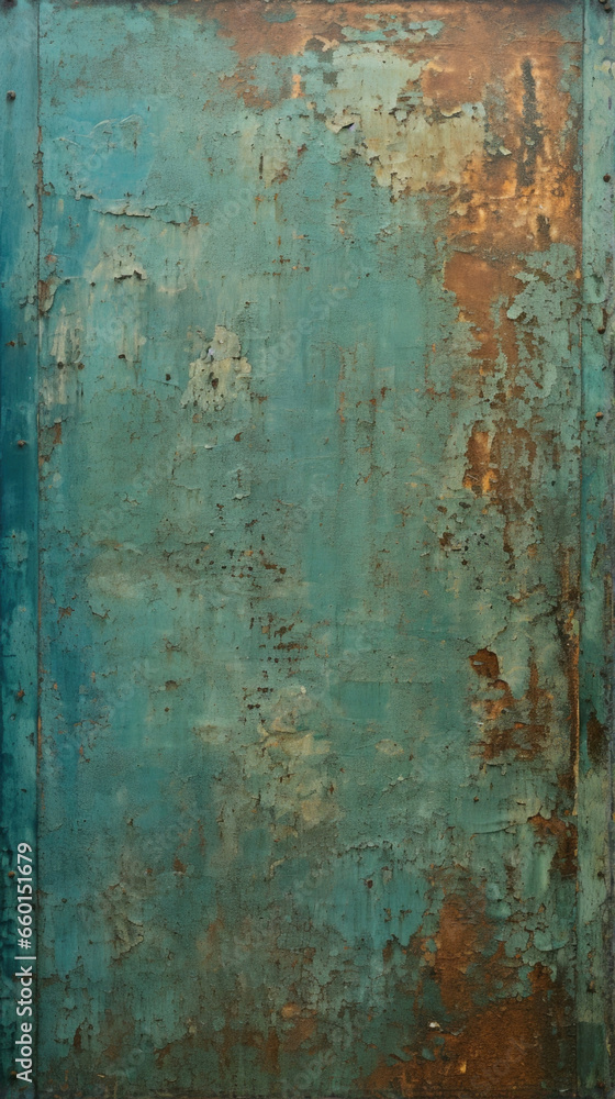 Texture of a corroded iron door, covered in green and blue patina and rough to the touch.