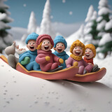 3d render of children sledding in the snow. Happy winter holidays.