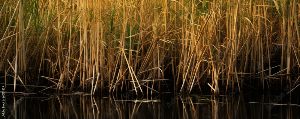 Fototapeta premium Closeup of a section of reeds, their densely packed stems creating a dense and imtrable wall, offering protection and privacy to the creatures living within the wetland.