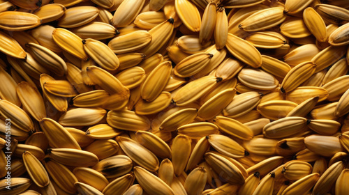 Upclose view of sunflower seeds in a spiral pattern, showcasing the smooth and glossy surface of the seeds. The spiral design creates a sense of movement and flow, making it a visually captivating © Justlight