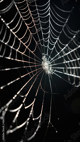 Closeup of a cobweb with delicate threads, illuminated by the light of a full moon. The threads seem to glow and radiate a soft, otherworldly beauty.