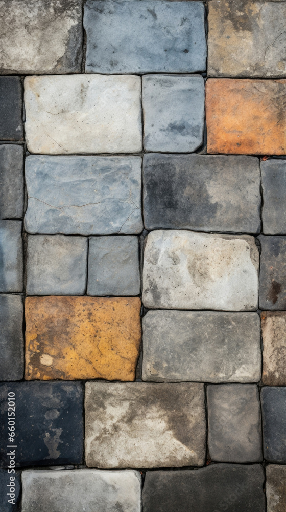custom made wallpaper toronto digitalTexture of a concrete sidewalk featuring various shapes and sizes of tiles, arranged in a random pattern. The tiles have a slightly weathered appearance and are a mix of cool and warm tones,