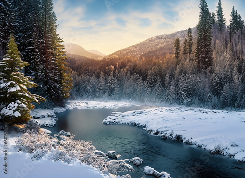 A River in a Winter with Snow and evergreen trees in a forest © Sarah