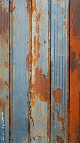 Texture of rusted and worn corrugated metal siding featuring a mix of warm orange and cool blue patinas. The layers of rust give the material a distressed and weathered appearance.