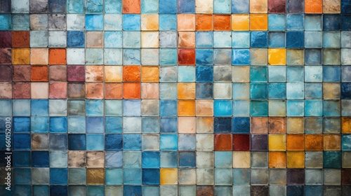 Texture of a mosaicinspired street art mural, featuring small, colorful tiles pressed onto the wall. The reflective surfaces add depth and dimension to the artwork.