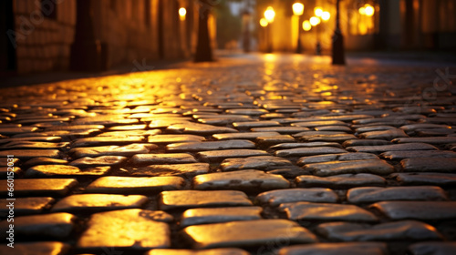 Closeup of a wellpreserved cobblestone alley, with smooth and polished stones reflecting the warm glow of street lights. photo