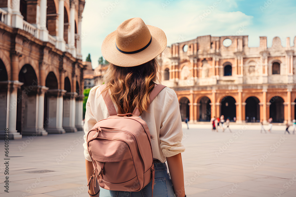 Traveler girl with hat and bag looking at Verona Arena, tour tourism, travel,vacation in Italy- travel in Europe