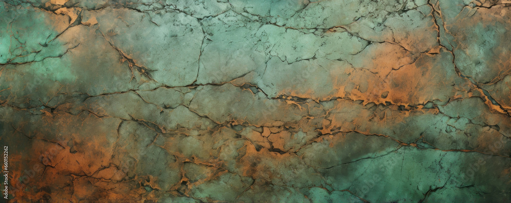 Closeup of a weathered copper texture, featuring an intricate network of cracks and grooves. The green patina has taken over the majority of the surface, giving it a unique mottled effect. Closeup of a weathered copper texture, featuring an intricate network of cracks and grooves. The green patina has taken over the majority of the surface, giving it a unique mottled effect.