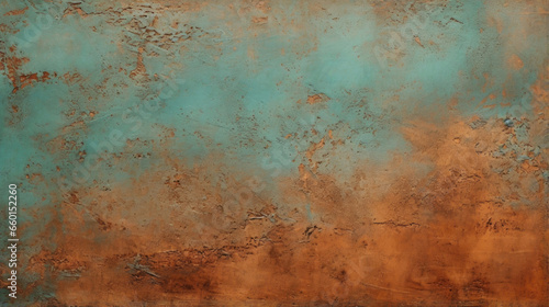 Closeup of a weathered copper texture, with small patches of bright turquoise contrasting against a mostly rusty red background. The surface has a matte finish, adding to its vintage aesthetic.