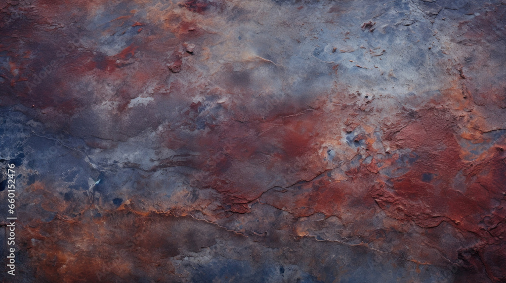 Closeup of a mottled metal texture, featuring a mixture of deep burgundy and dark navy colors. The surface is slightly warped and dented, giving it a rugged and industrial feel.