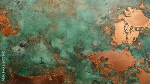 Closeup of speckled copper The patina on this copper is a spattering of dark and light green spots, creating a speckled effect reminiscent of a granite countertop.