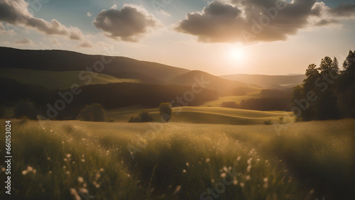 Meadow in the Carpathian Mountains at sunset. Beautiful landscape.