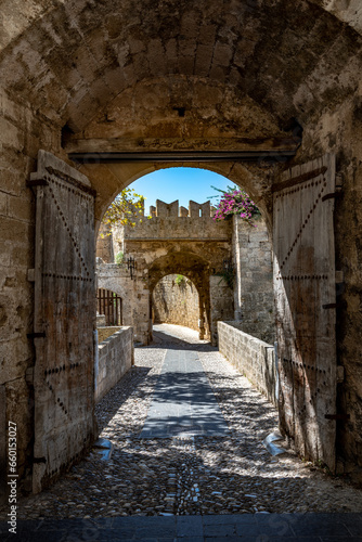 Panorama of old town, famous Knights Grand Master Palace and Mandraki port, Rhodes island, Greece.