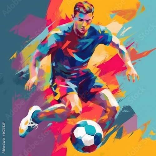 Man playing football / soccer with a soccer ball - Fauvism style painting in oil paint with natural textures, bright patterned colours, symbolic— Wall print or poster for interior design