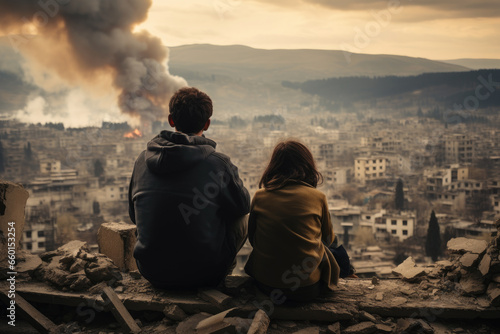 Horrible war scene. Sad tired homeless people with sitting and looking to destroyed city after bombing, terrorist attack. View of a destroyed burning city, the ruins of blown-up houses