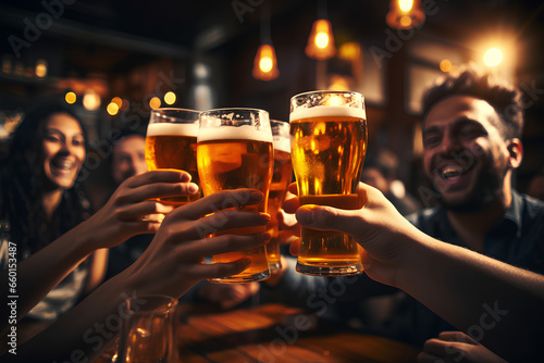 group of people cheering and drinking beer at bar pub table -Happy young friends enjoying happy hour at brewery restaurant-Youth culture-Life style food and beverag. High quality photo