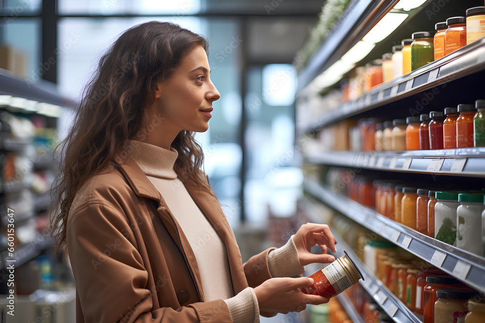 A woman comparing products in a grocery store, considering nutrition, prices, and ingredients, demonstrating informed consumer behavior - obrazy, fototapety, plakaty 
