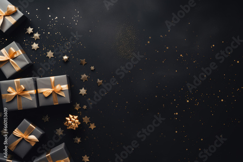 Dark background with golden christmas gifts and decorations with space for greeting text