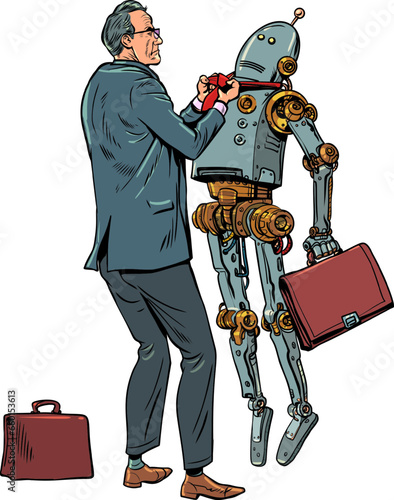 The office worker is dissatisfied with the work of the robot. Protest against artificial intelligence and the fight against it. The problem with technology in business centers. Pop Art Retro