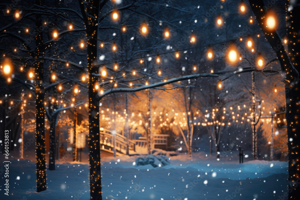 Christmas warm lights in the night snowy park