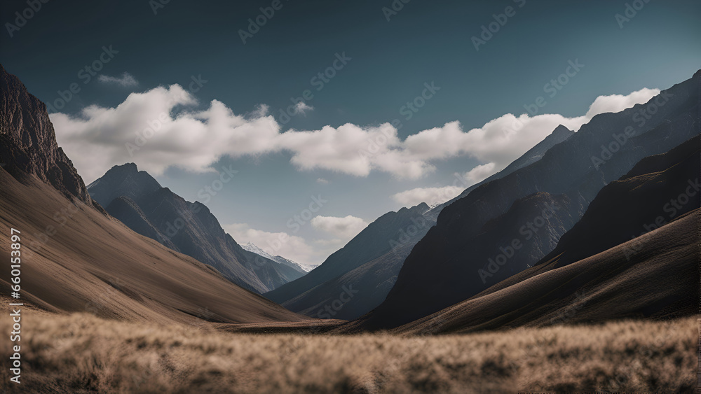 Beautiful mountain landscape with blue sky and clouds. Panoramic view