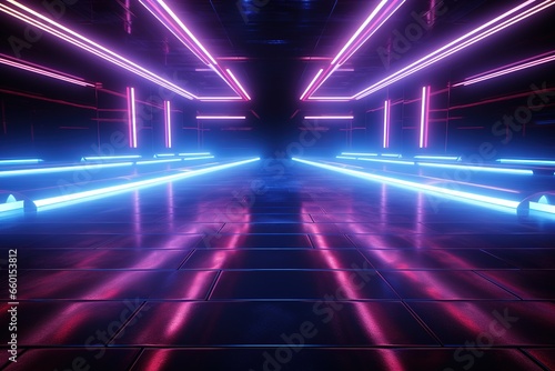 Futuristic dark corridor with glowing neon lights, 3D illustration, Ai Generated
