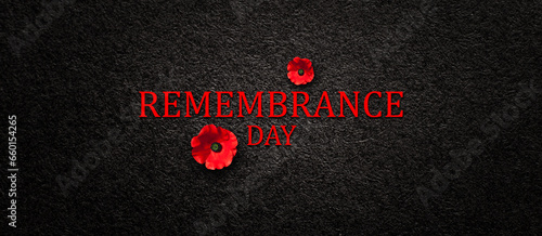 Remembrance Day inscription with Poppy flower on black textured background. Decorative flower for Remembrance Day. Memorial Day. Veterans day.