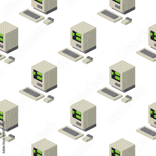 Pattern of old computers in isometry on a white background. Vector