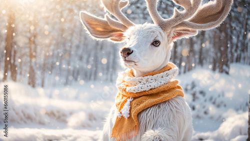 Cute cartoon deer in a scarf in the snow
