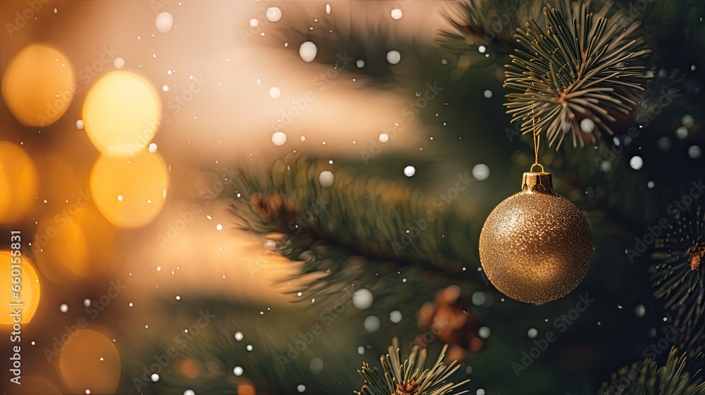 Obraz premium Christmas tree with lights and ornaments, close-up.