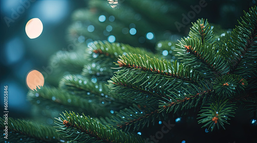 Christmas tree background. Macro closeup of hanging branches and green foliage needles of weeping pine tree with texture detail