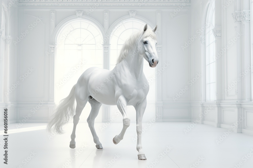 White horse in a white room with a large window. 3d rendering, Ai Generated White horse in a white room with a large window. 3d rendering, Ai Generated