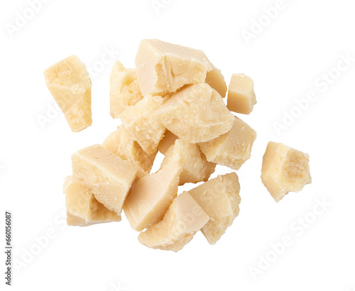 pieces of delicious parmesan cheese isolated on white background with clipping path, package design element, italian food, top view, concept of healthy food
