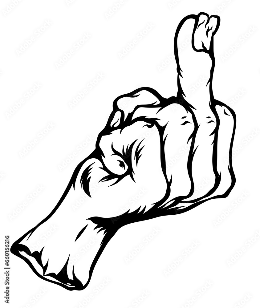 Zombie hand with middle finger. Black and white illustration of a