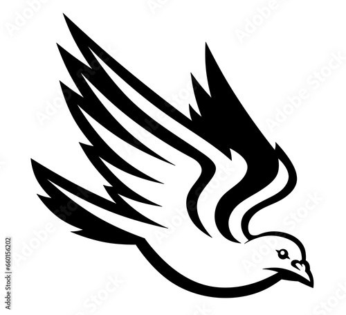 Isolated black and white dove. Flying bird logo. The monochome pigeon flies. Illustration of a bird symbol of peace and freedom.