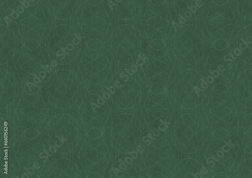 Hand-drawn unique abstract symmetrical seamless ornament. Bright semi transparent green on a deep warm green background. Paper texture. Digital artwork, A4. (pattern: p10-2c)