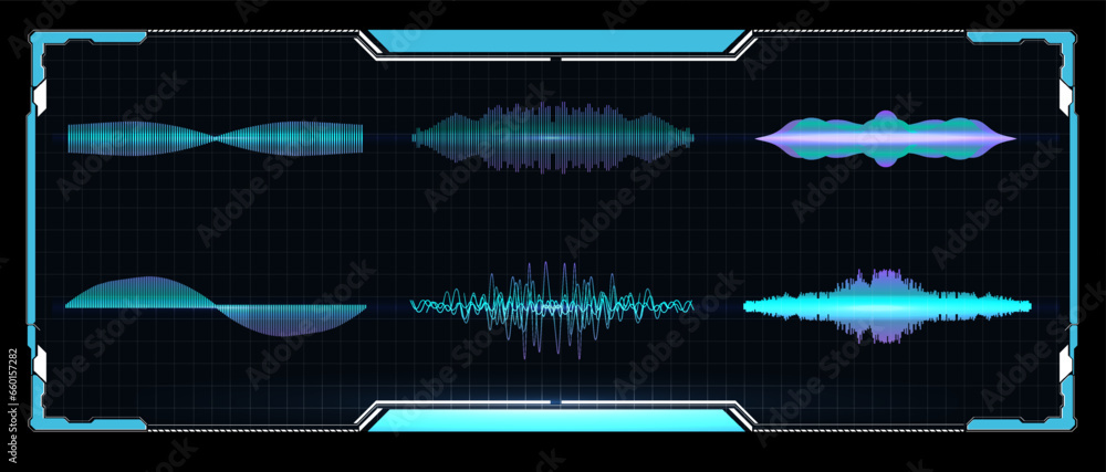 Sound waves frequency, audio music digital equalizer. Analog and digital audio signal. High frequency radio wave. Signs of the sound equalizer, pulse music player. Vector illustration - obrazy, fototapety, plakaty 