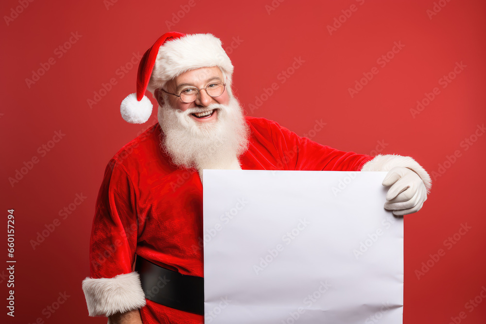 Naklejka premium Smiling Santa Claus pointing on blank advertisement banner