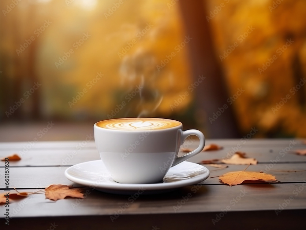 Autumn ambiance fills the background as a cup of coffee sits on a rustic wooden table. Autumn ambiance fills the background as a cup of coffee sits on a rustic wooden table.