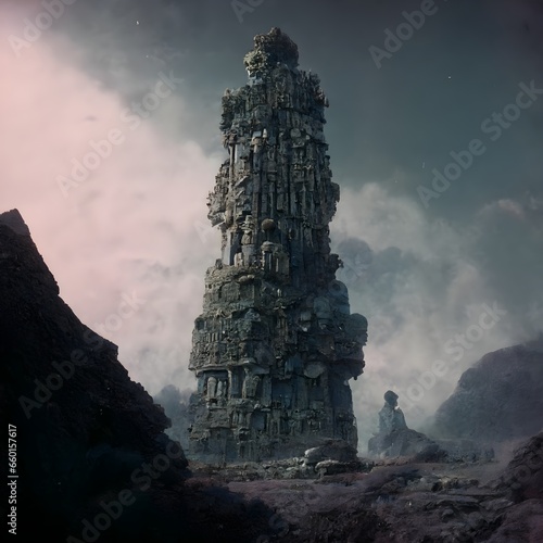 Mysterious vast stone tower construted on a bleak and desolate enviroment filled with strange statues and engravings 8k hyper HD ornate intrica volumetric lighting octane render  photo