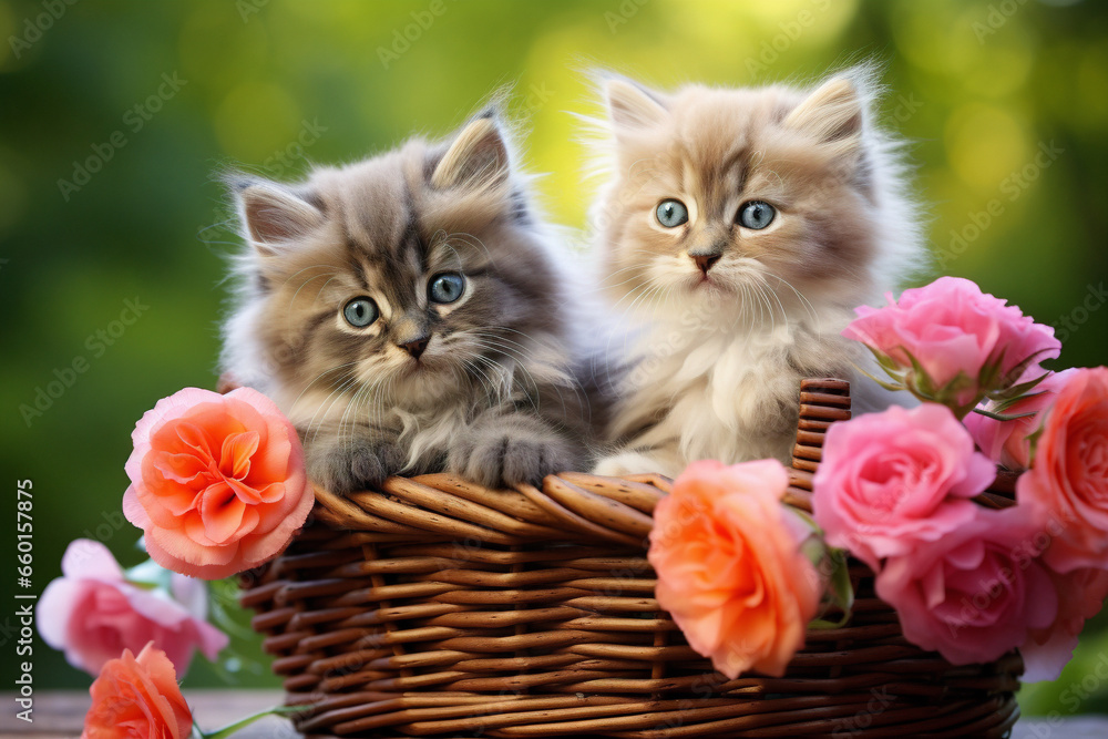 A delightful scene of two adorable cats snuggled together inside a charming basket.